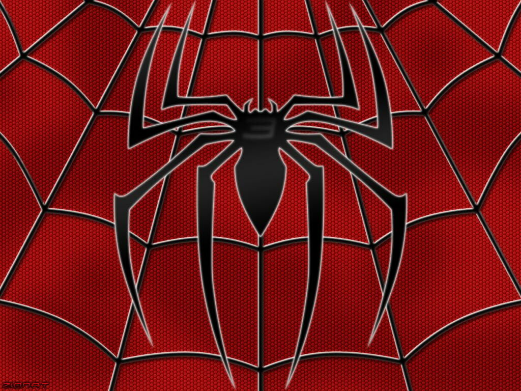 Spider-Man HD wallpaper with black spider emblem on vibrant red web-patterned suit background