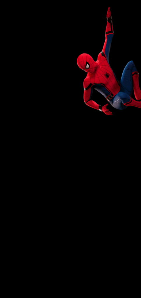 Spider-Man hanging upside down in iconic red and blue suit on black background HD wallpaper.
