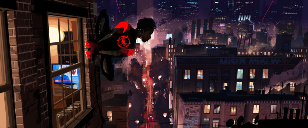 SpiderMan Into The Spider Verse 10k wallpaper, SpiderMan outside window, neon retro cityscape vibrant