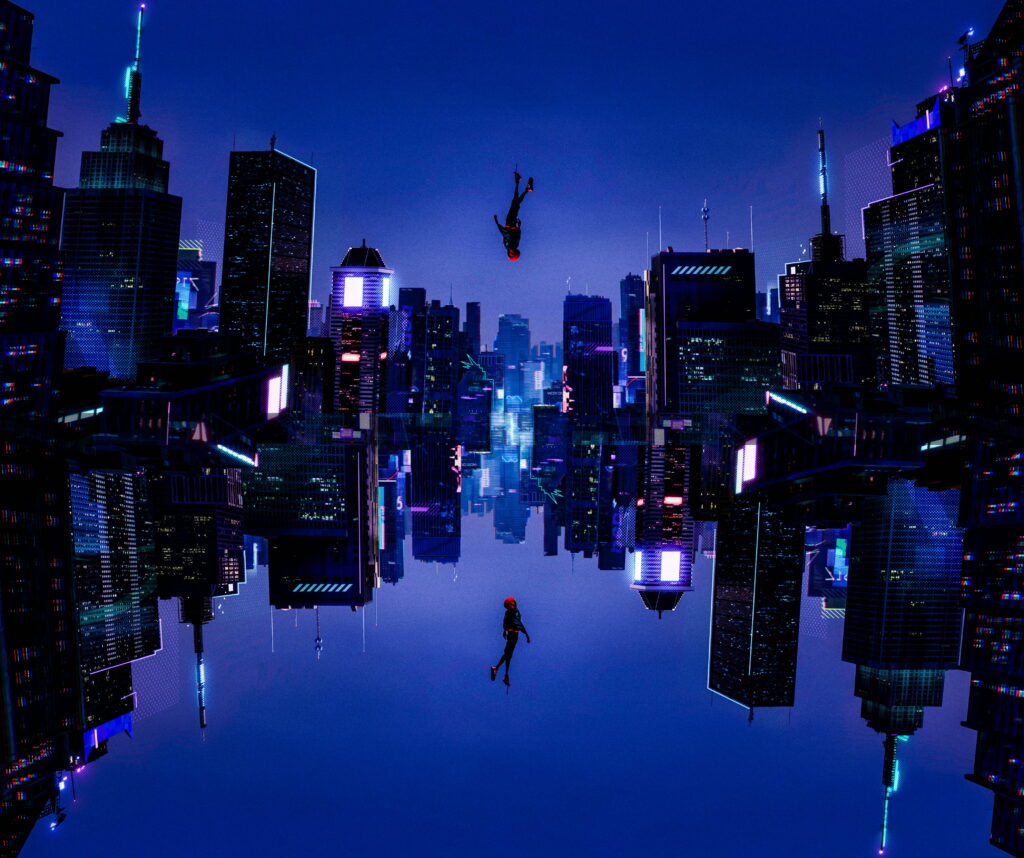 Spider-Man falling through vibrant mirrored cityscape at night Spider-Verse HD wallpaper background