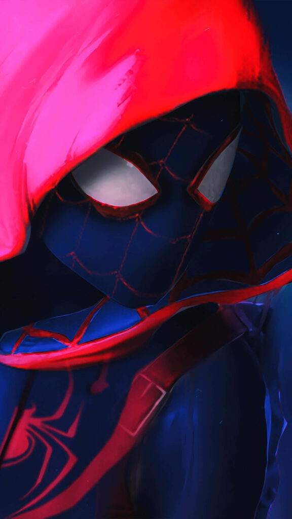 Close-up of Spider-Man mask and vivid red blue suit from Into the Spider-Verse dynamic wallpaper