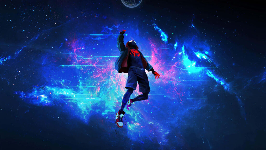 Spider-Man jumping through glowing cosmic portal vibrant Spider-Verse inspired wallpaper background