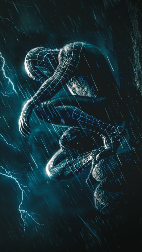 Spider-Man crouching on rainy rooftop with lightning, dramatic HD phone wallpaper background