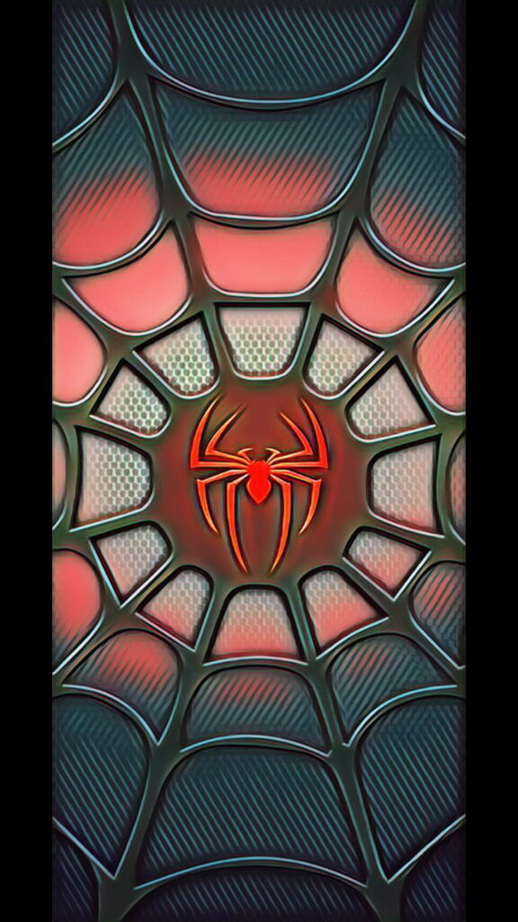 Spider-Man logo centered on stylized web HD phone wallpaper, bold Marvel superhero design background