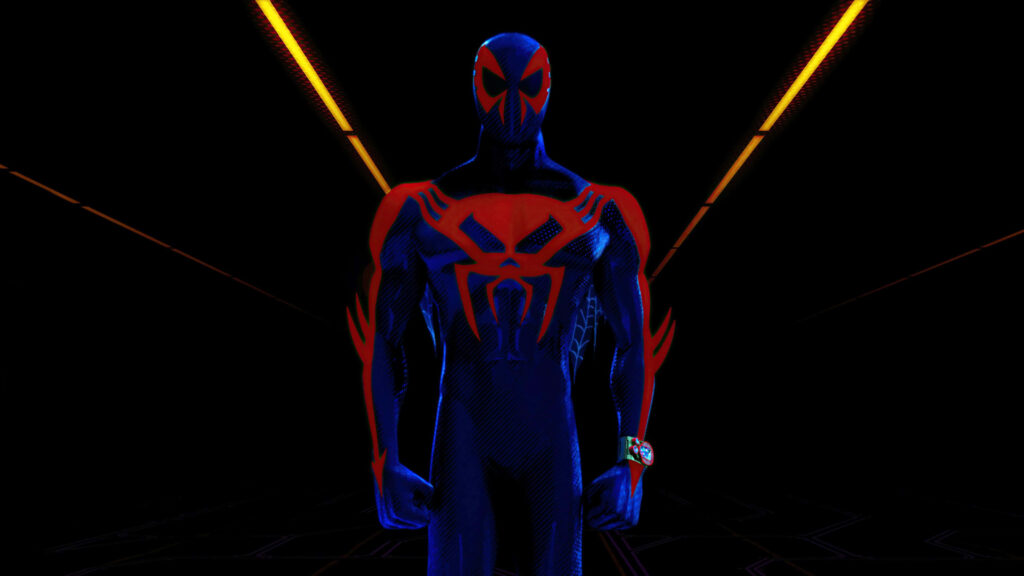 Spider-Man confidently poses against neon-lit futuristic background from Spider-Verse wallpaper