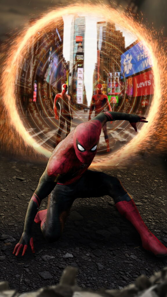 Spider-Man No Way Home phone wallpaper with three Spider-Men on cracked street in Times Square