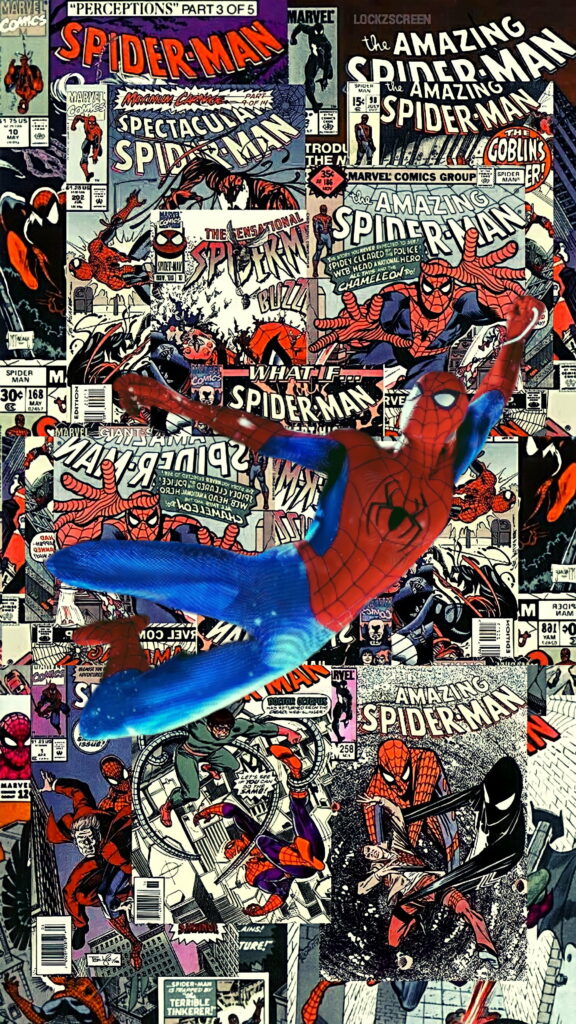 Spider-Man No Way Home HD wallpaper with Spider-Man leaping over classic comic book covers background