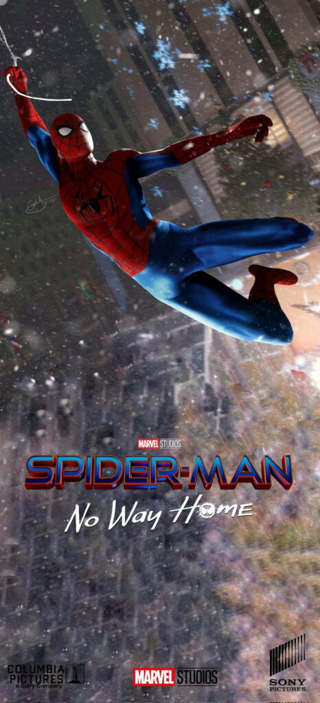 Spider-Man swinging through vibrant cityscape in No Way Home HD phone wallpaper design