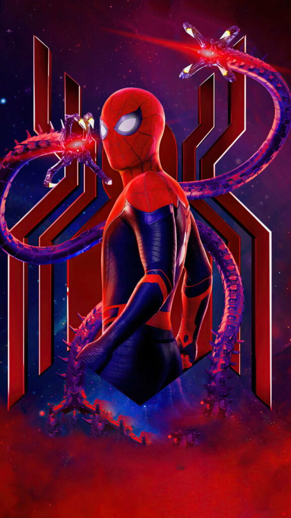 Spider-Man No Way Home HD wallpaper with advanced suit and mechanical arms on cosmic backdrop