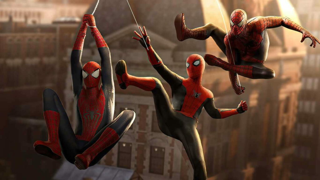 Three Spider-Man versions in dynamic poses over cityscape - No Way Home HD wallpaper background