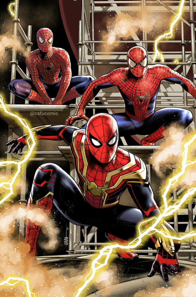 Spider-Man No Way Home HD wallpaper with all three Spider-Men amid sparks and scaffolding