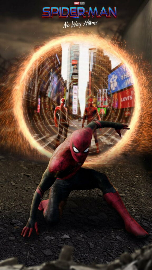Spider-Man No Way Home wallpaper with three Spider-Men in dynamic pose and glowing portal city