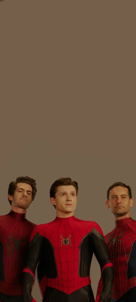 HD wallpaper of three Spider-Man characters from No Way Home in iconic suits together