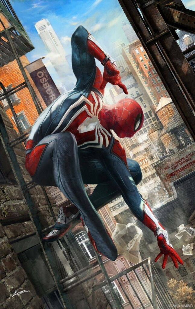 Spider-Man PS4 suit crouching on fire escape with detailed cityscape in HD phone wallpaper view