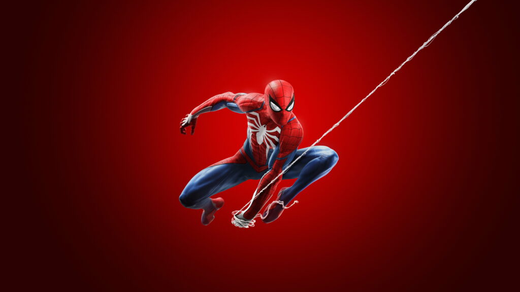 Spider-Man PS4 in dynamic web-slinging pose with iconic suit on vibrant red background wallpaper