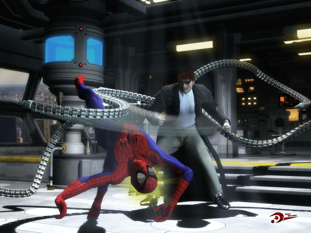 Spider-Man PS4 battling Doctor Octopus in futuristic lab with metallic arms and vibrant tones Wallpaper