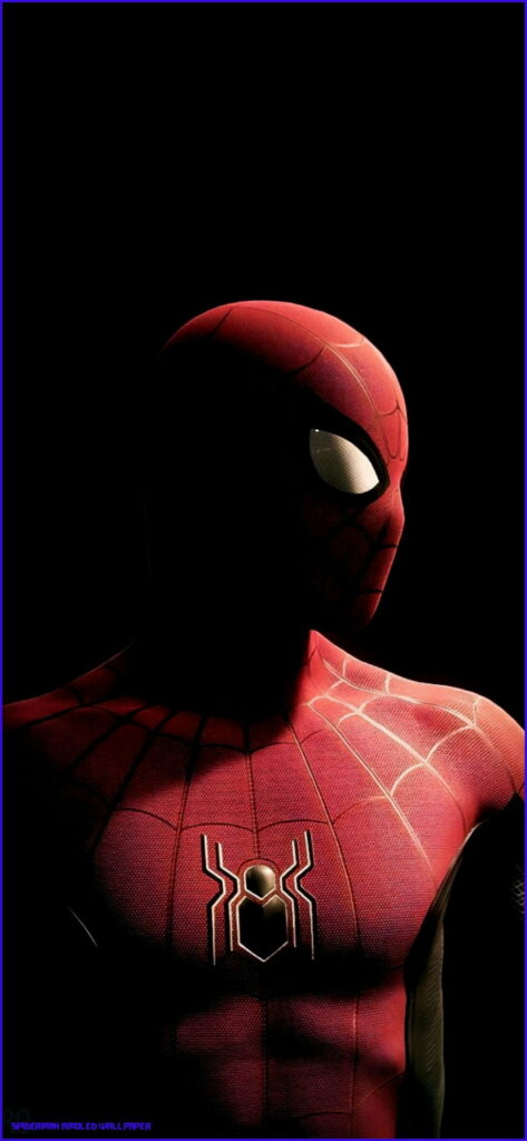Spider-Man dramatic shadowed portrait in red and black suit AMOLED HD wallpaper background