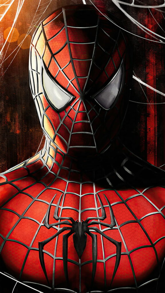 Spider-Man red and black suit with bold web patterns on fiery HD wallpaper background
