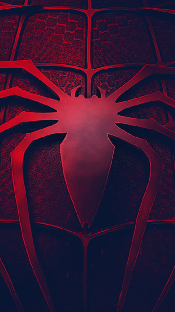 Close-up of Spider-Man red spider emblem with detailed textures on HD mobile wallpaper background