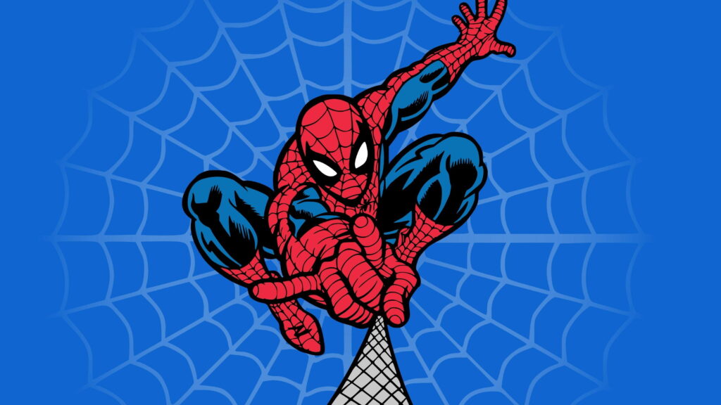 Spider-Man swinging in dynamic pose on vibrant blue background with classic web design HD wallpaper