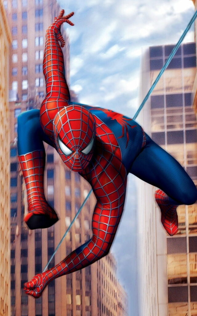 Spider-Man swinging over city skyline HD mobile wallpaper showcasing iconic suit details vivid