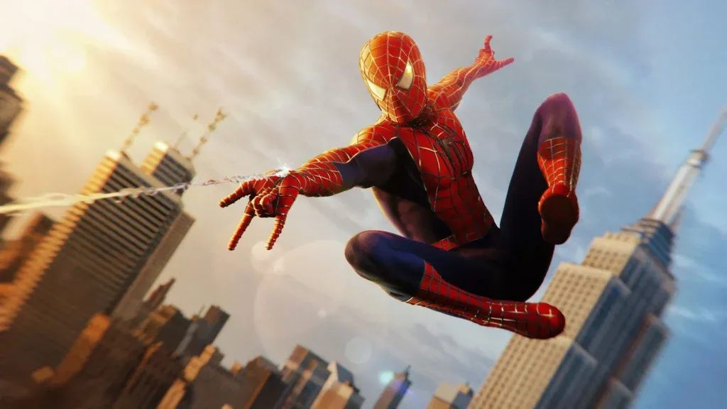 Spider-Man swinging at sunset over city skyline in vibrant red and blue suit HD wallpaper