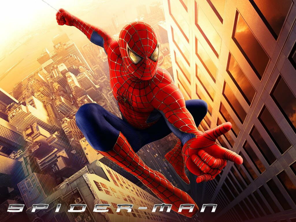 Spider-Man swinging at sunset over city skyline, dynamic HD superhero wallpaper background
