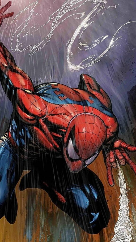Spiderman swinging through rain in dynamic comic-style HD wallpaper with red and blue suit