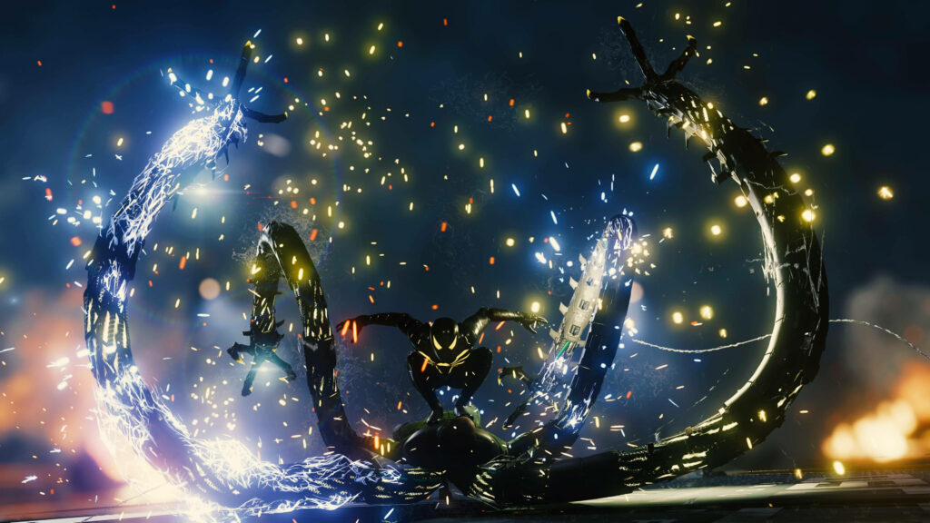 Spider-Man victorious over Doctor Octopus at night with blue and yellow sparks in dynamic action Wallpaper