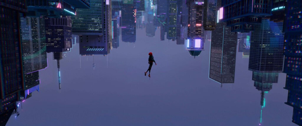 Spider-Man floating upside down in vibrant surreal cityscape from Spider-Man Across the Spider-Verse Wallpaper