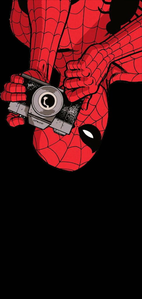 Spider-Man upside down holding camera on black AMOLED background HD phone wallpaper