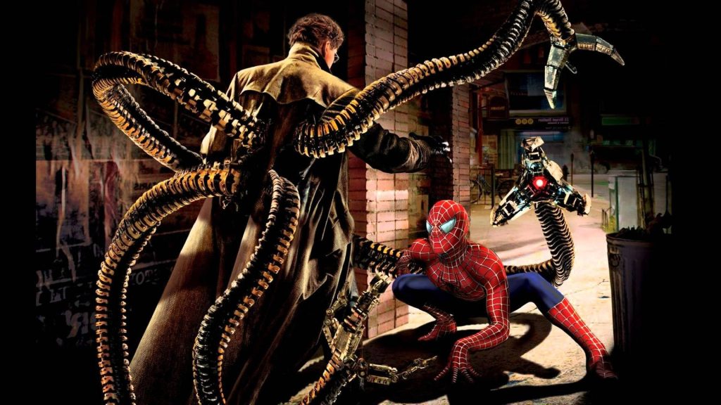 Spider-Man battles Doctor Octopus with mechanical tentacles in gritty urban alley wallpaper