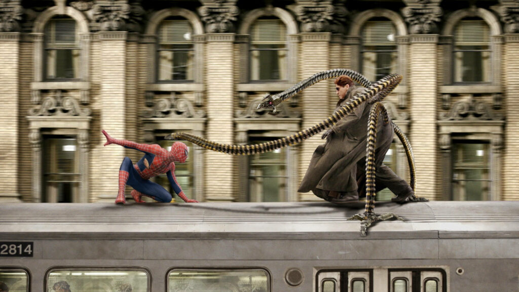 Spider-Man and Doctor Octopus fight on a speeding train with city background in cinematic style Wallpaper