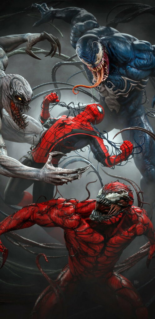 Spider-Man battling Venom and Carnage in dynamic Marvel HD wallpaper for iPhone background