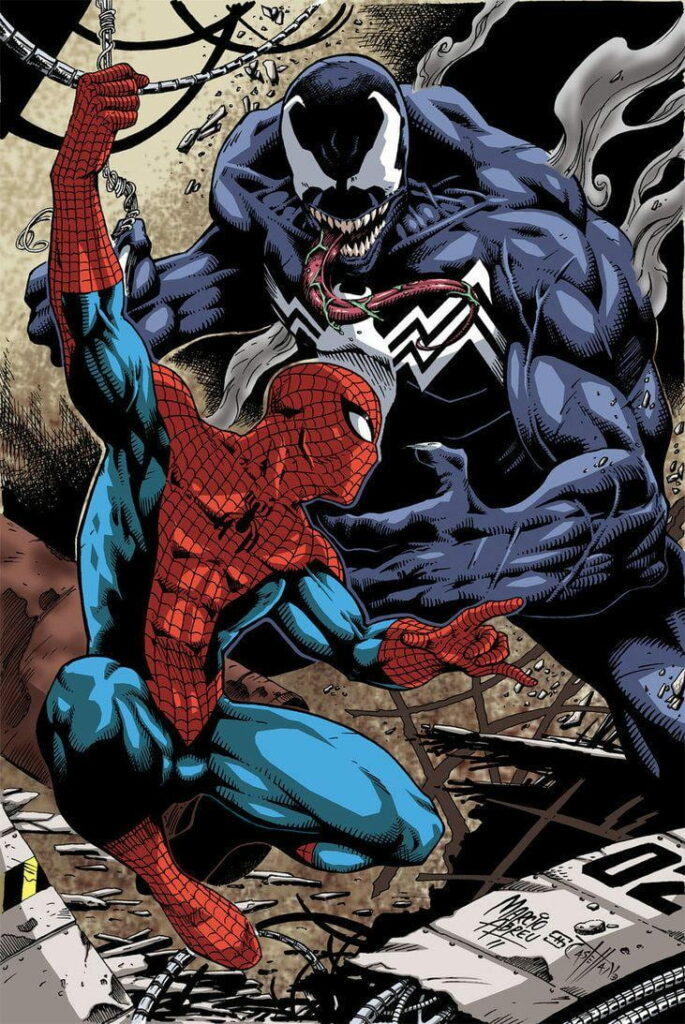 Spider-Man vs Venom dynamic comic wallpaper, vibrant colors, intense superhero showdown phone background