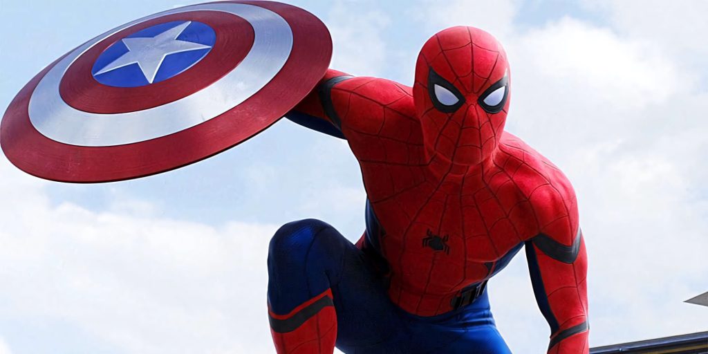 Spider-Man crouching heroically with Captain America shield bright cloudy sky Marvel wallpaper