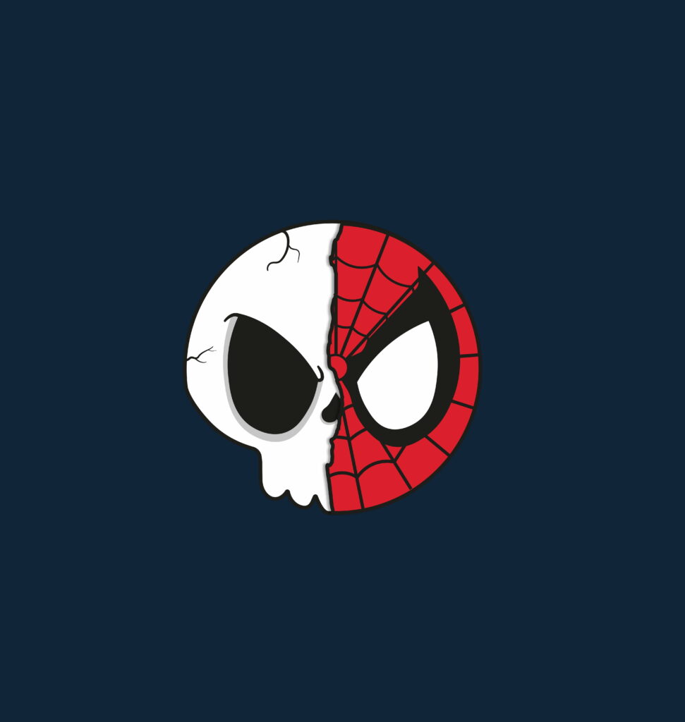 Minimal HD phone wallpaper with half skull, half Spiderman mask on dark background.
