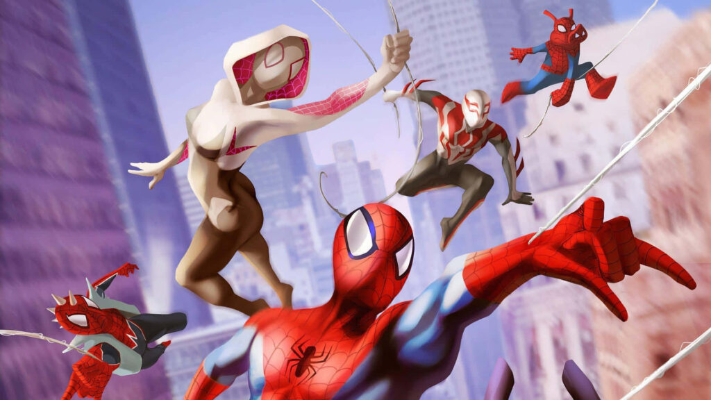 Spider-Verse team swinging across city skyline united vibrant Spider-Man Across the Spider-Verse wallpaper
