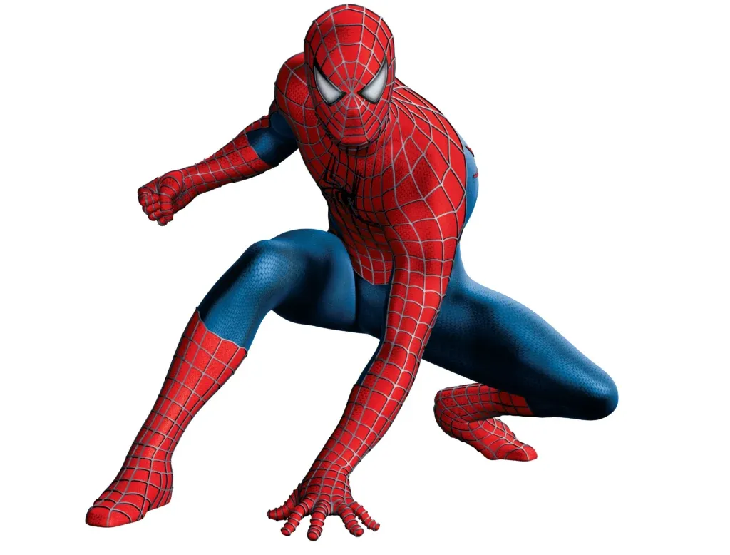 Spiderman in dynamic action pose on white background showcasing iconic red blue suit Wallpaper
