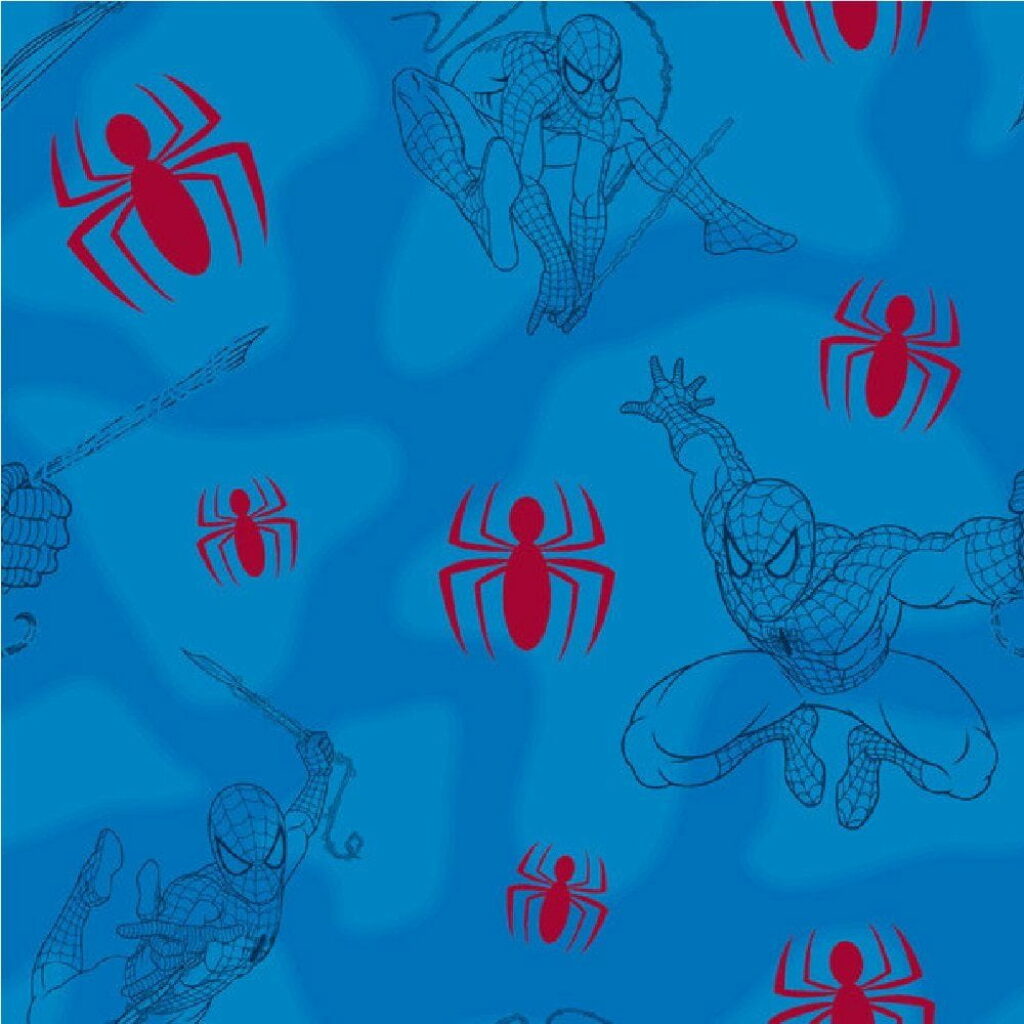 HD Spiderman wallpaper with dynamic action poses on vibrant blue background and red spider motif