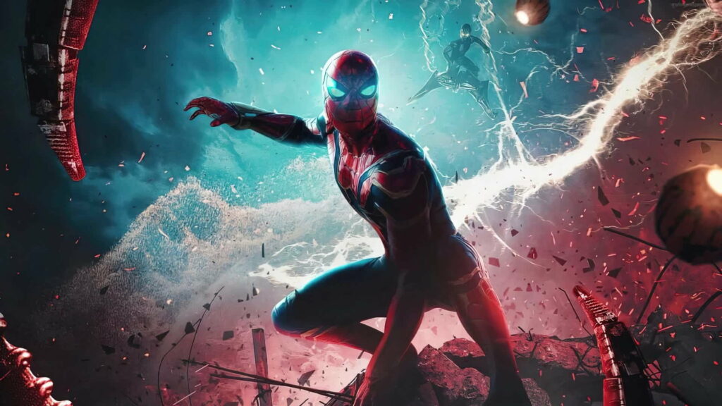 Spiderman in iconic suit amid lightning and debris, high-definition action wallpaper background