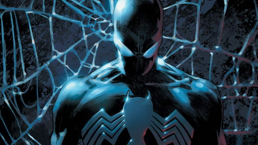 Spiderman black suit wallpaper with dramatic lighting and detailed symbiote web background