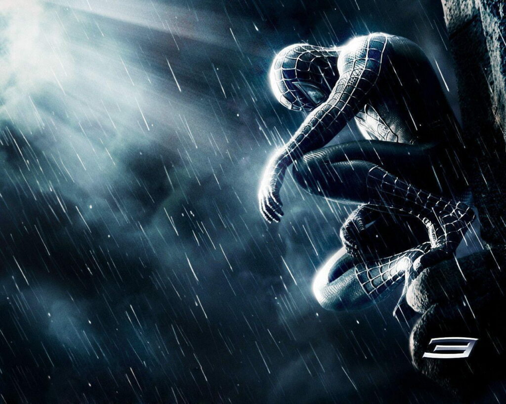 Spiderman in black suit perched in rain with dramatic sunlight breaking stormy sky HD wallpaper