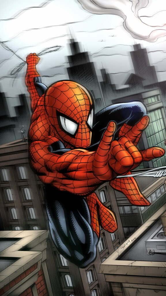 Spiderman swinging across vibrant cityscape in classic comic style HD phone wallpaper background