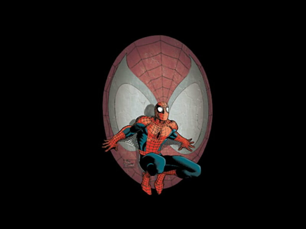 Spiderman dynamic comic pose with large spider emblem on dark background HD wallpaper