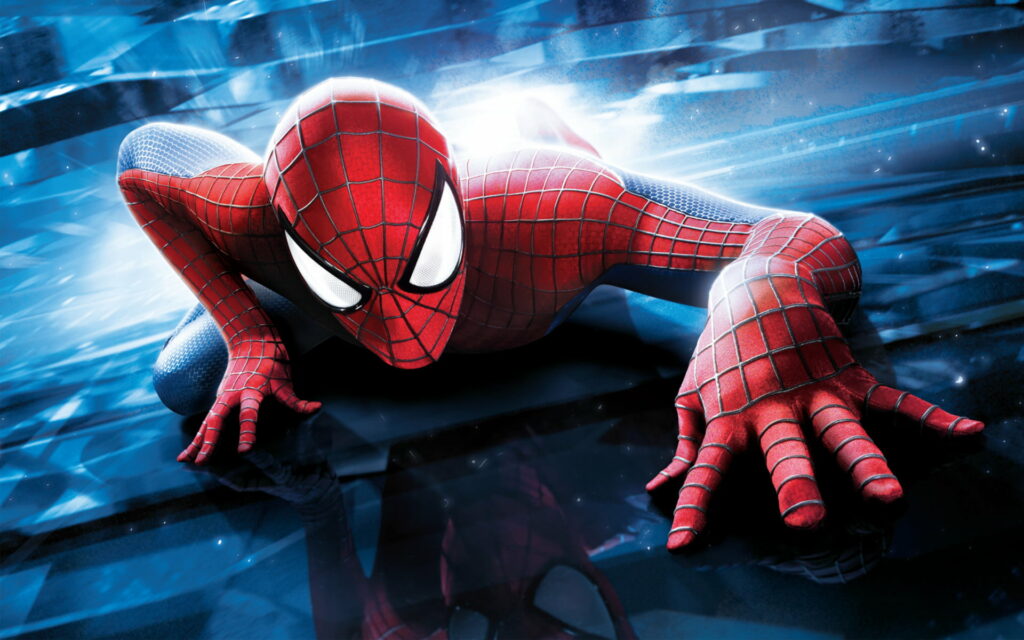 Spiderman crawling on reflective surface with dynamic blue background superhero wallpaper HD