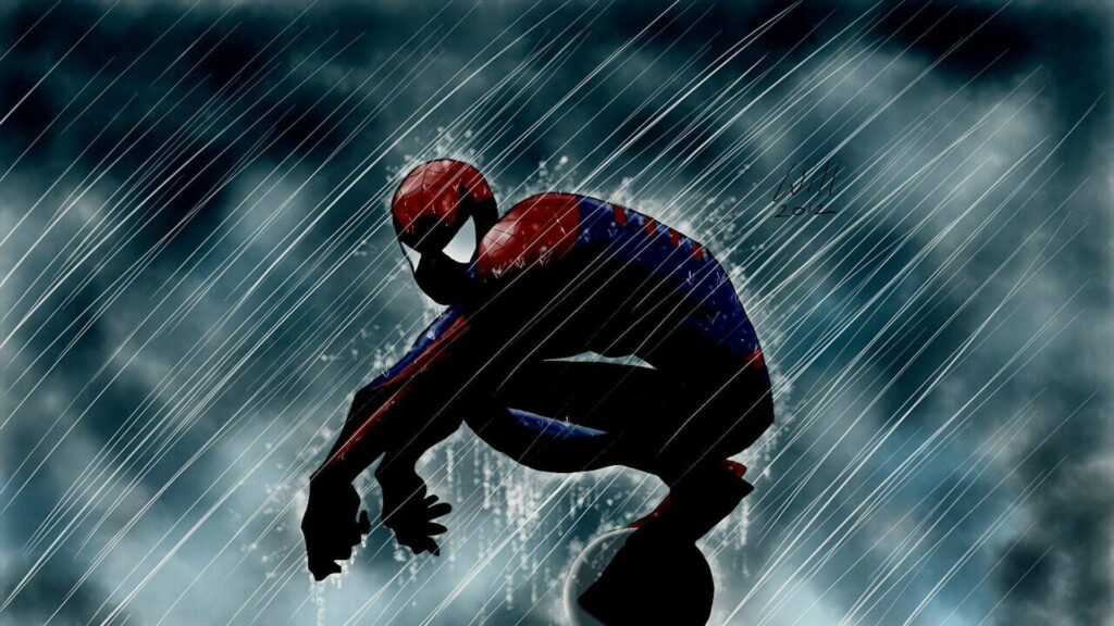 Spiderman crouching powerfully in rain with dramatic lighting and dynamic raindrops HD wallpaper