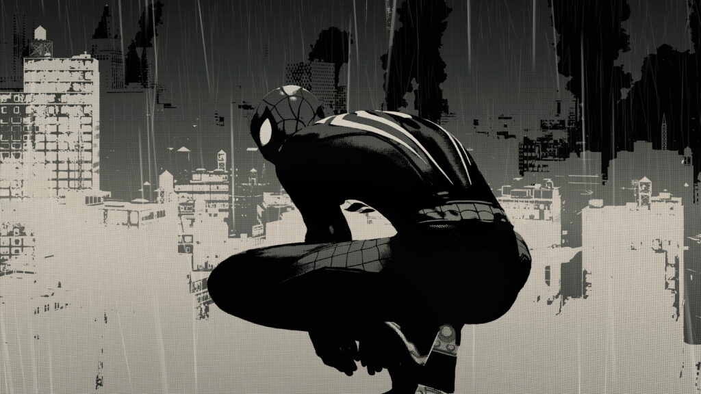 Spiderman crouching on rainy rooftop with detailed monochrome cityscape background wallpaper