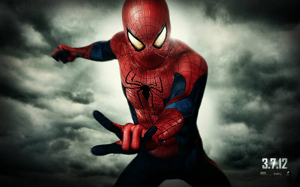 Spiderman in dynamic action pose with dramatic cloudy sky, HD Marvel movie wallpaper background