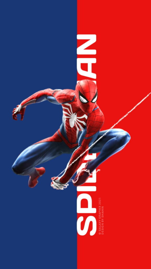 Spiderman in dynamic pose shooting web on vivid electric blue and red split HD wallpaper background